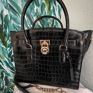 MICHAEL Michael Kors Black Croc Embossed Leather Hamilton East West Satchel